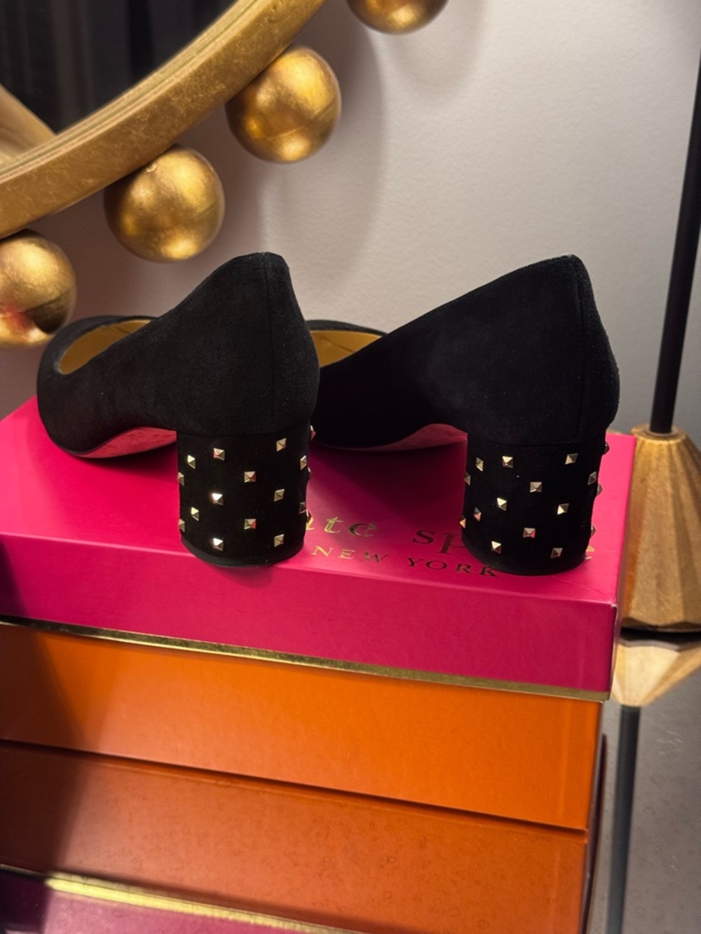 Kate Spade Black Suede Gold Studded Heels Pumps - Size 9 - Picture 3 of 13